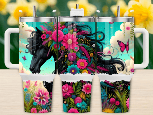 Black Horse with Flowers 40oz Tumbler